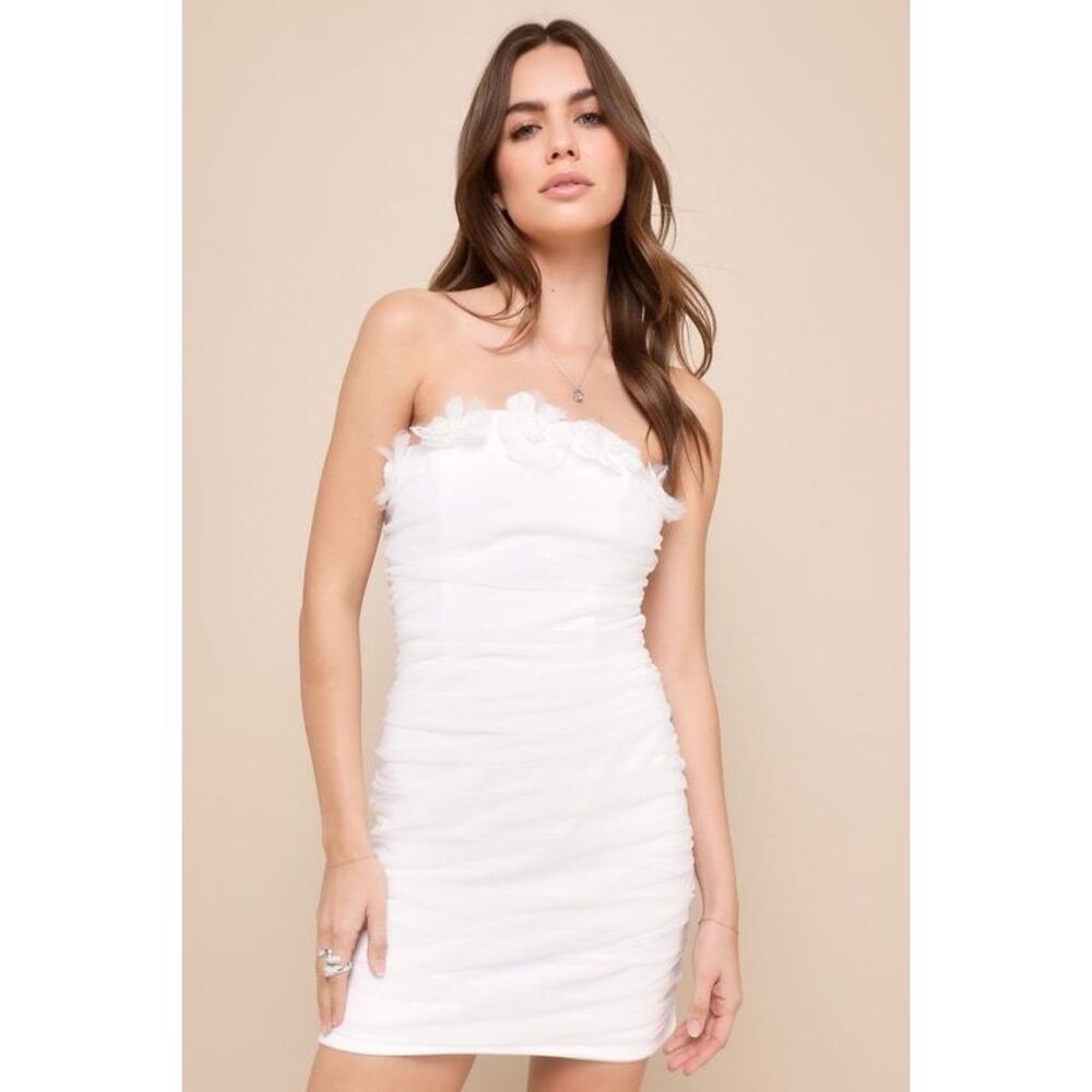Lulus Idyllic Blooms Ivory Mesh Ruched 3d Floral Strapless Mini Dress White